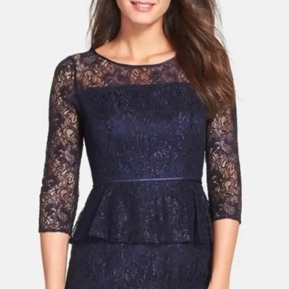 ADRIANNA PAPELL 12 Women's Lace Overlay Sheath Dress Peplum Navy Cocktail Short - Picture 6 of 14